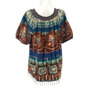 Dressbarn Tie Dye Short Sleeve Beaded Fringe Breezy Tunic